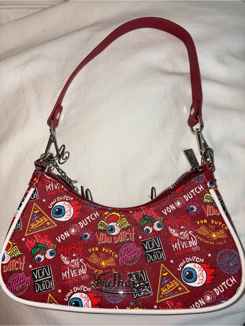 Von Dutch Red Logo-Print Shoulder Bag with White Trim
